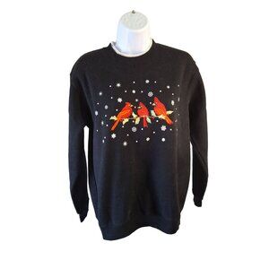 Vintage King Universal Black Sweatshirt Womens Medium Cardinal Bird Print